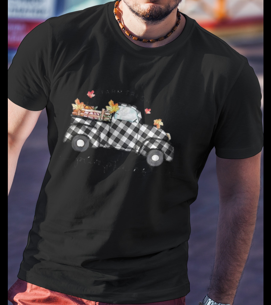 Farm Fresh Pumpkins Plaid Truck With Autumn Leaves T-Shirt