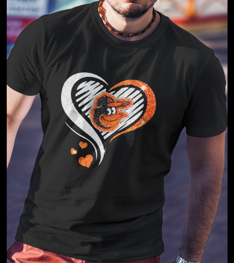Baltimore Orioles Heart Shaped Logo With Orange Glitter Diamond T-Shirt
