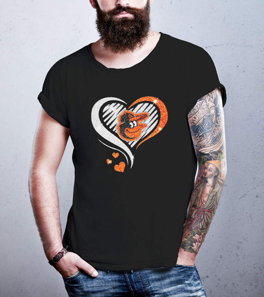 Baltimore Orioles Heart Shaped Logo With Orange Glitter Diamond T-Shirt