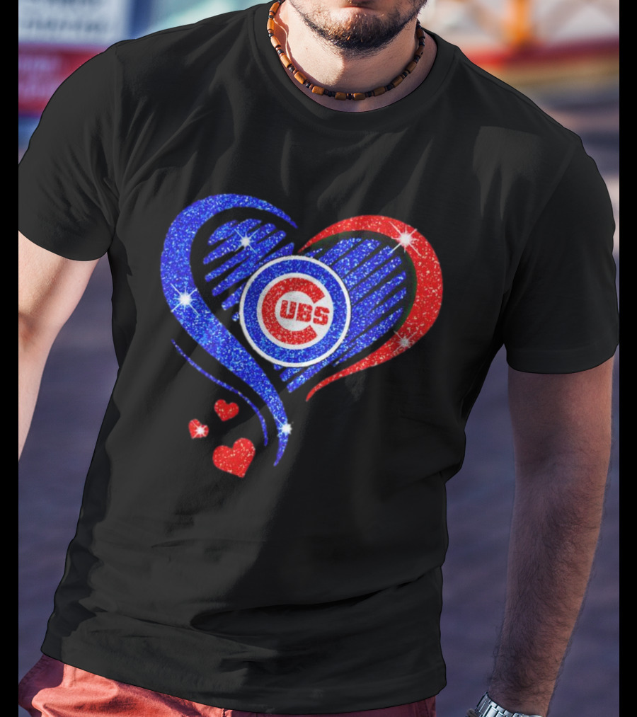 Chicago Cubs Glitter Heart Logo With Red And Blue Diamond T-Shirt