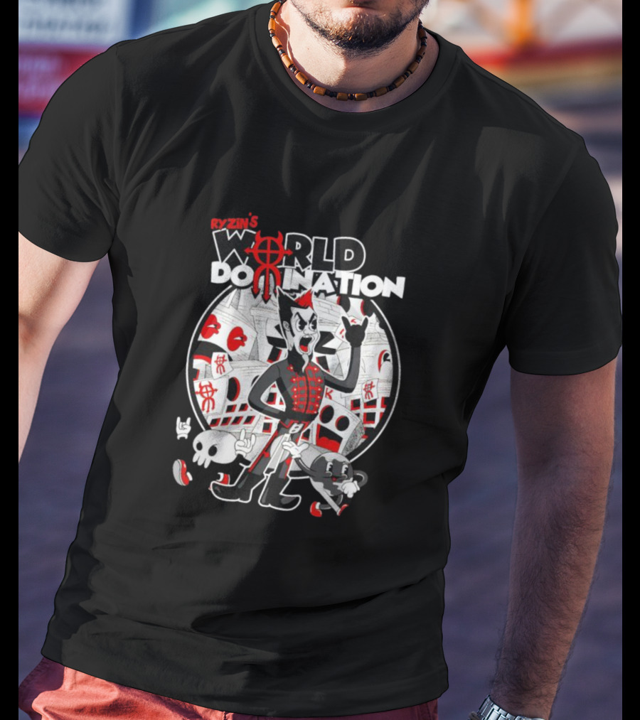 Ryzin's World Domination Cartoon Character Red And Black Motif T-Shirt
