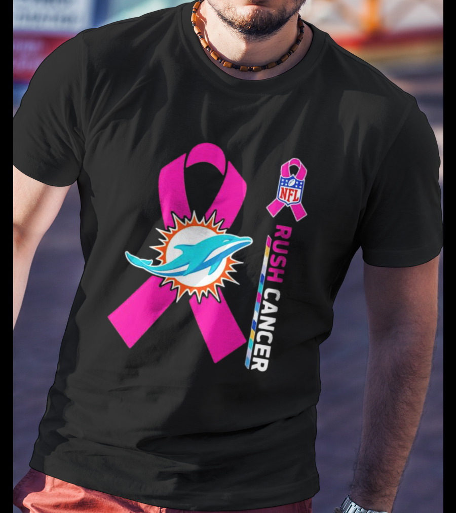 Miami Dolphins NFL Rush Cancer Pink Ribbon Emblem T-Shirt