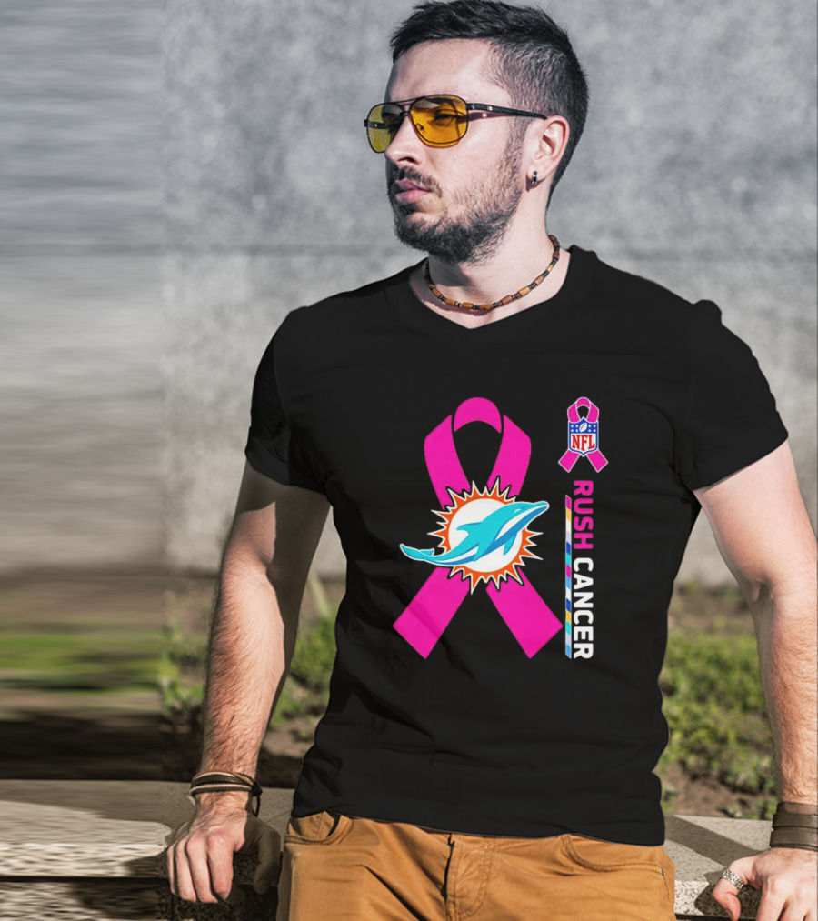 Miami Dolphins NFL Rush Cancer Pink Ribbon Emblem T-Shirt