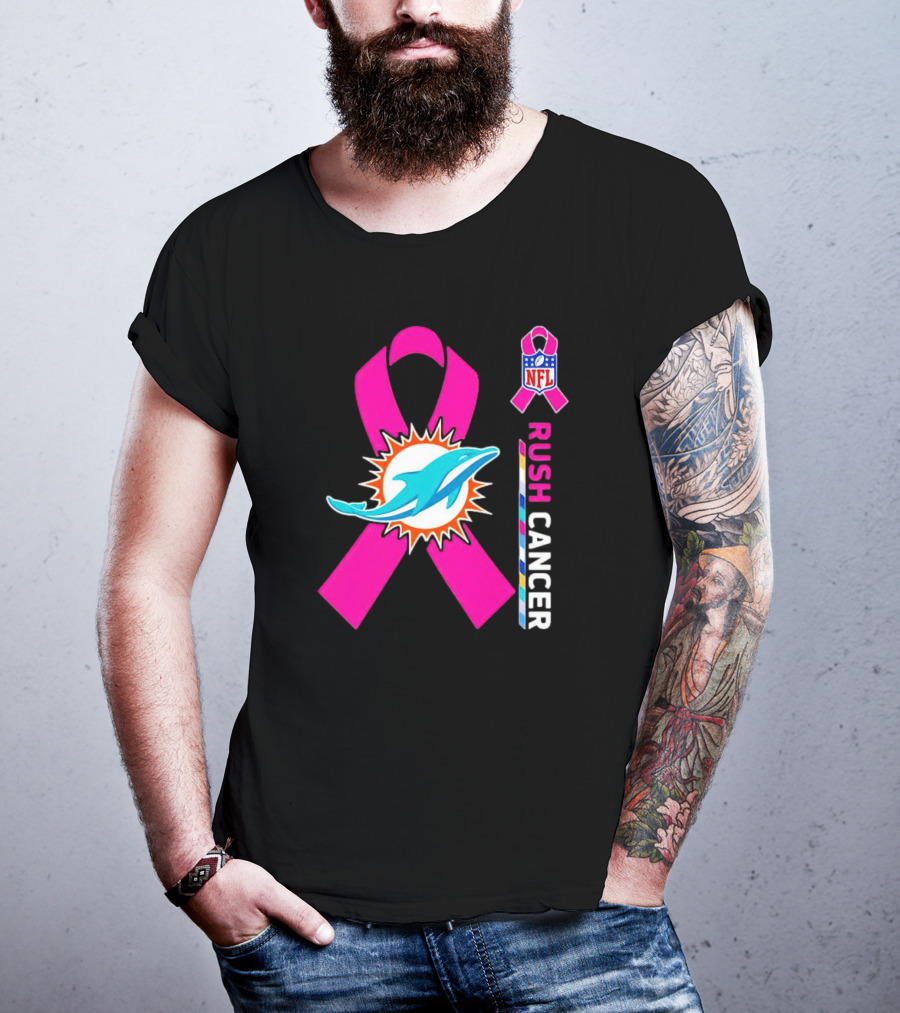 Miami Dolphins NFL Rush Cancer Pink Ribbon Emblem T-Shirt