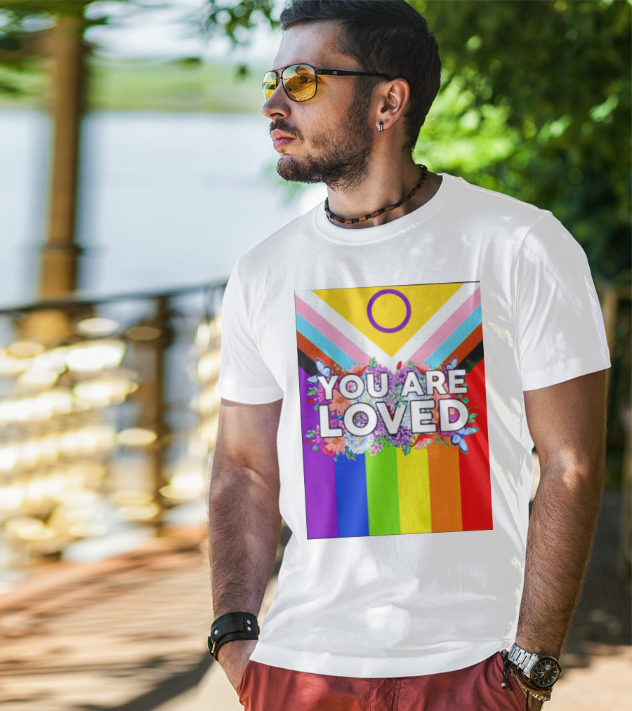 You Are Loved Pride Flag Intersex Inclusion Rainbow Floral Butterflies T-Shirt