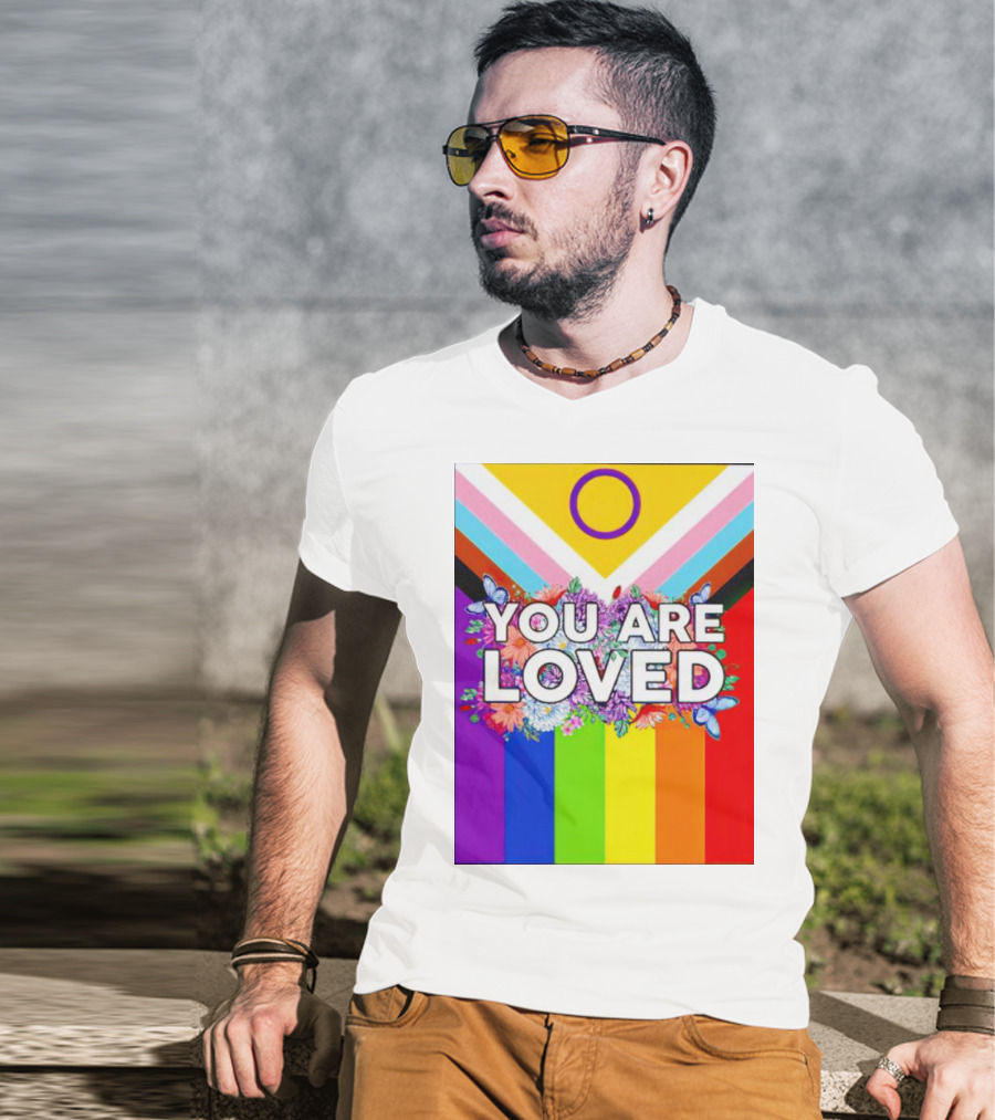 You Are Loved Pride Flag Intersex Inclusion Rainbow Floral Butterflies T-Shirt
