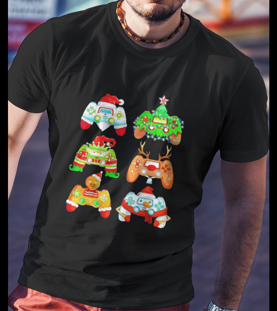 Christmas Santa Elf Snowman Reindeer Gaming Controllers Holiday T-Shirt