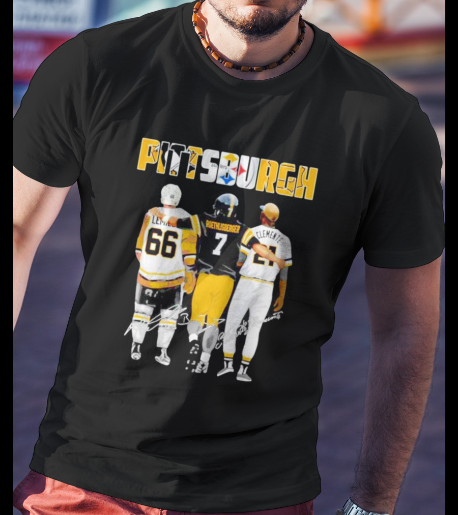 Pittsburgh Penguins Lemieux Steelers Roethlisberger Pirates Clemente Signature T-Shirt