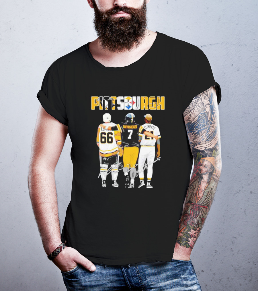 Pittsburgh Penguins Lemieux Steelers Roethlisberger Pirates Clemente Signature T-Shirt