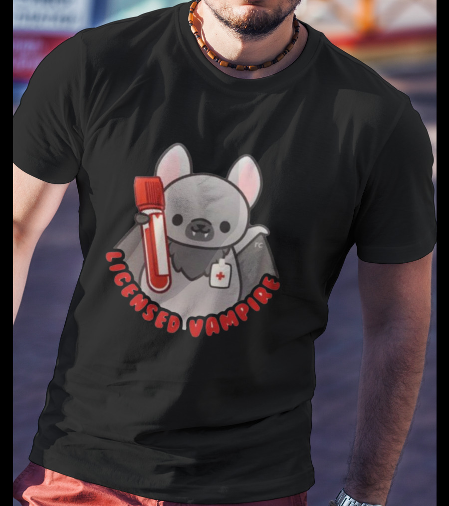 Licensed Vampire Bat Holding Blood Sample Tube T-Shirt