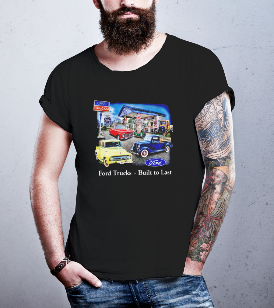 Ford Trucks Built To Last Vintage Gas Station Scene With Classic Models T-Shirt