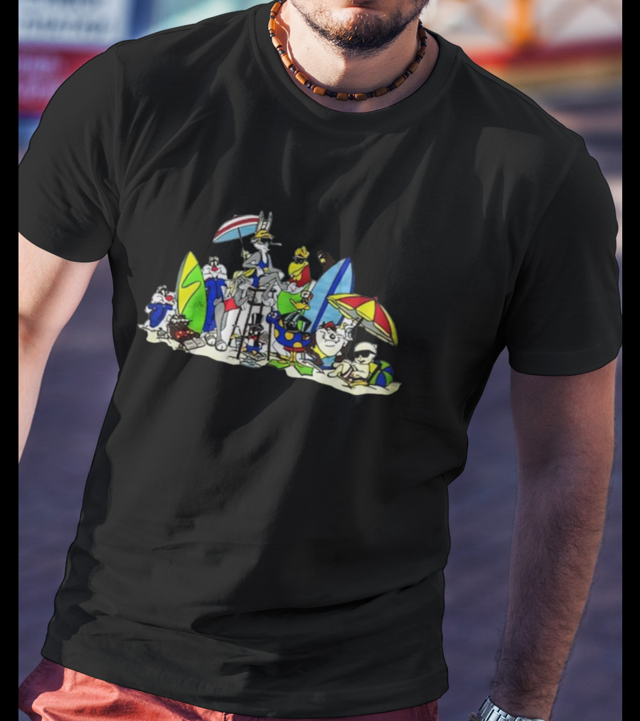 Looney Tunes Beach Scene Featuring Bugs Bunny And Friends With Surfboards And Umbrellas T-Shirt