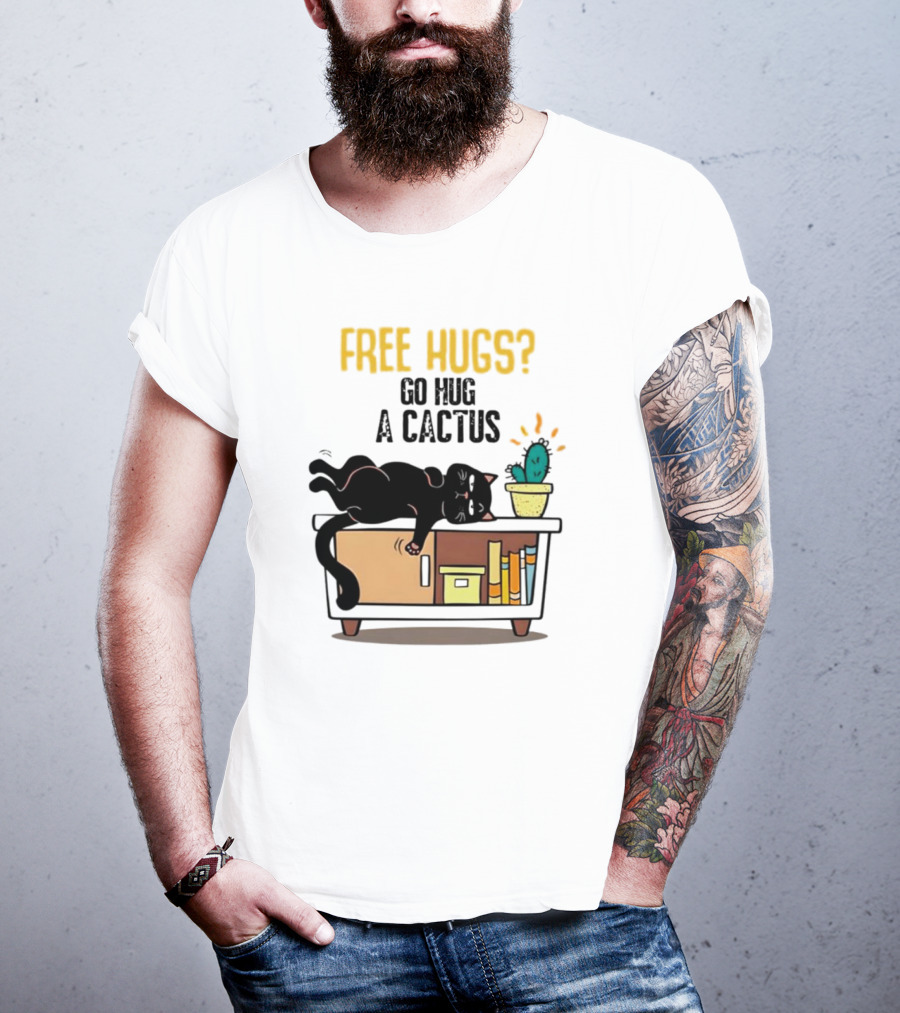 Free Hugs Go Hug A Cactus Cat On Shelf With Cactus And Books T-Shirt