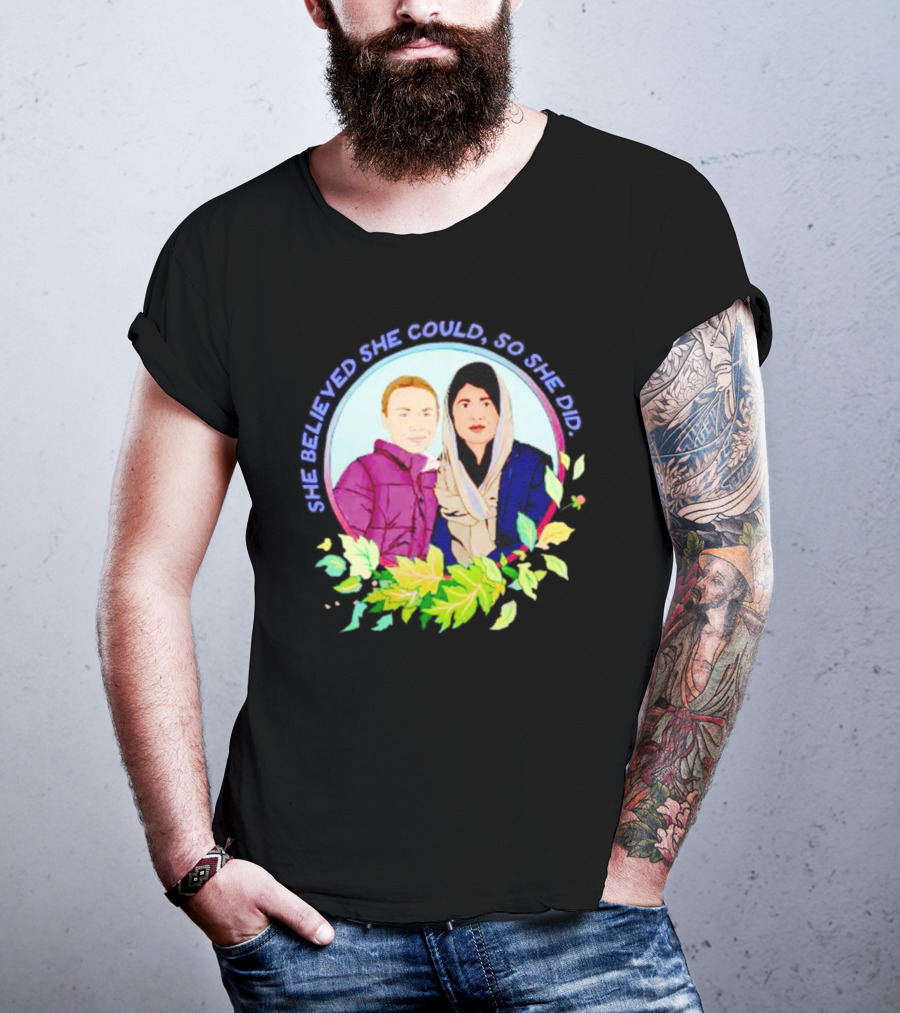 She Believed She Could So She Did Malala Yousafzai In Portrait With Flowers T-Shirt
