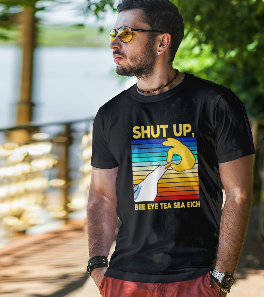 SHUT UP BEE EYE TEA SEA EICH Seagull Yellow Hand Rainbow Stripes T-Shirt