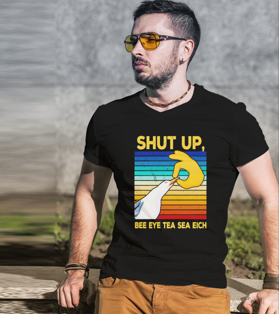 SHUT UP BEE EYE TEA SEA EICH Seagull Yellow Hand Rainbow Stripes T-Shirt