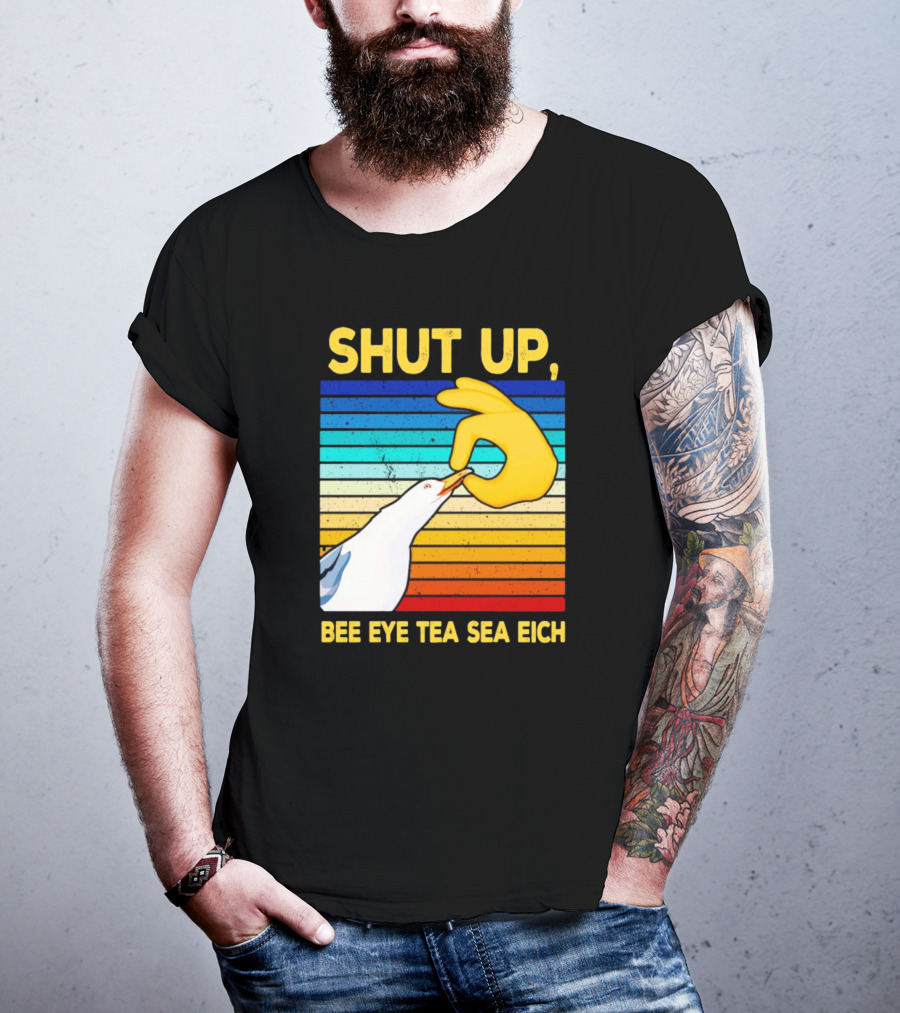SHUT UP BEE EYE TEA SEA EICH Seagull Yellow Hand Rainbow Stripes T-Shirt