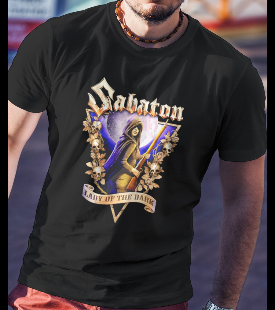 Sabaton Lady Of The Dark Hooded Figure With Floral Skull Motif T-Shirt