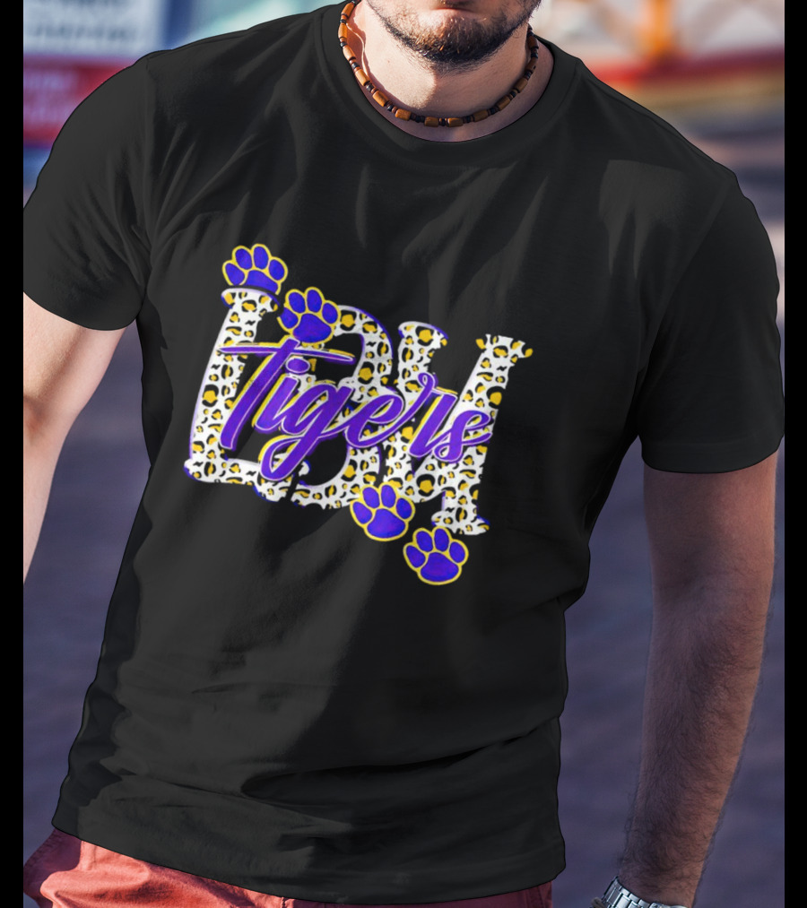 Lsu Tigers Leopard Print With Blue And Yellow Paw Prints T-Shirt