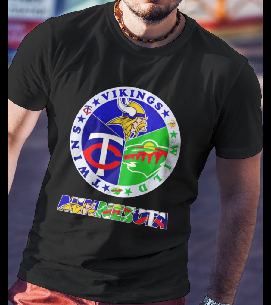 Minnesota Vikings Twins Wild Logos Circle And Colorful Minnesota Text T-Shirt