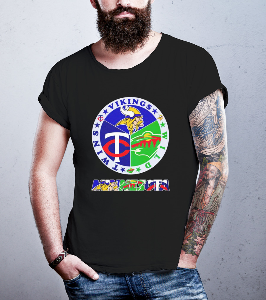Minnesota Vikings Twins Wild Logos Circle And Colorful Minnesota Text T-Shirt