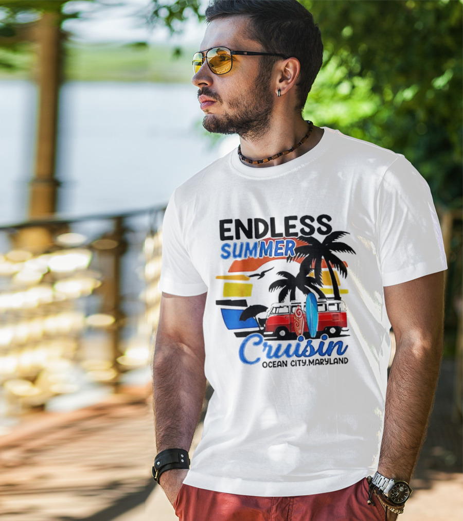 Endless Summer Cruisin Ocean City Maryland Vintage Sunset Surfboard Van Palm Trees T-Shirt