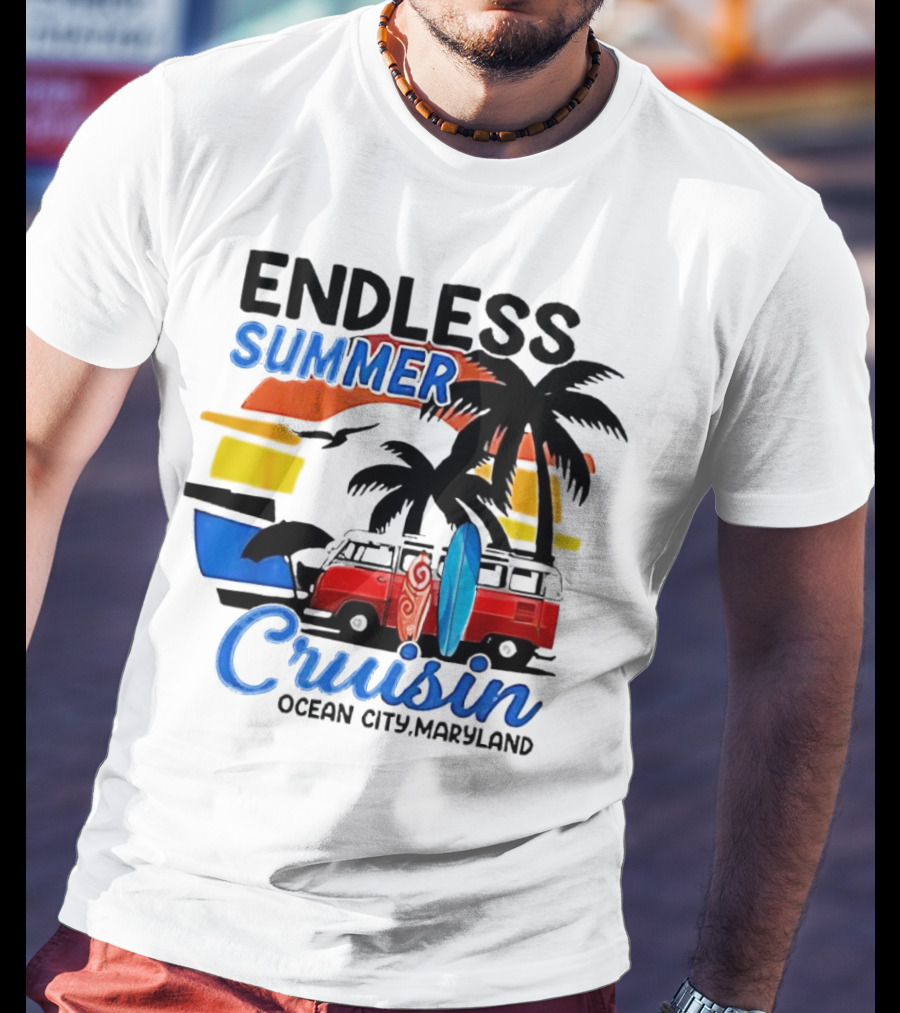 Endless Summer Cruisin Ocean City Maryland Vintage Sunset Surfboard Van Palm Trees T-Shirt