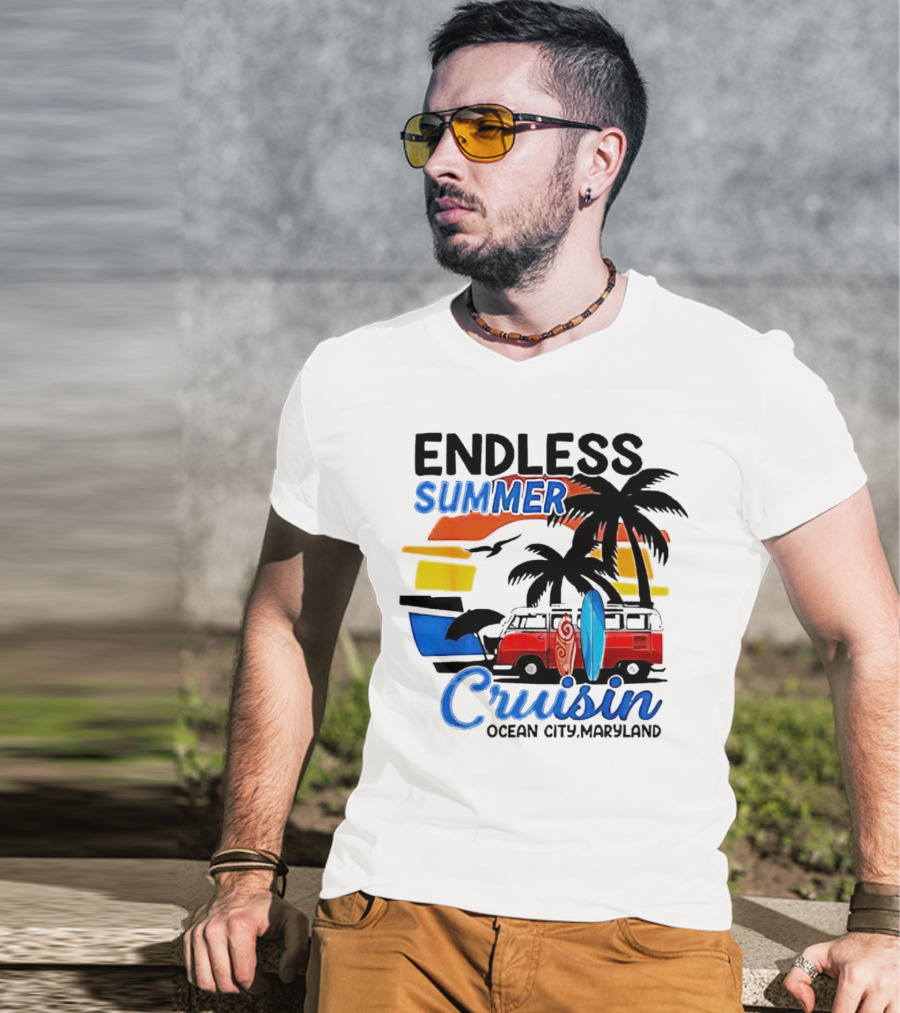 Endless Summer Cruisin Ocean City Maryland Vintage Sunset Surfboard Van Palm Trees T-Shirt