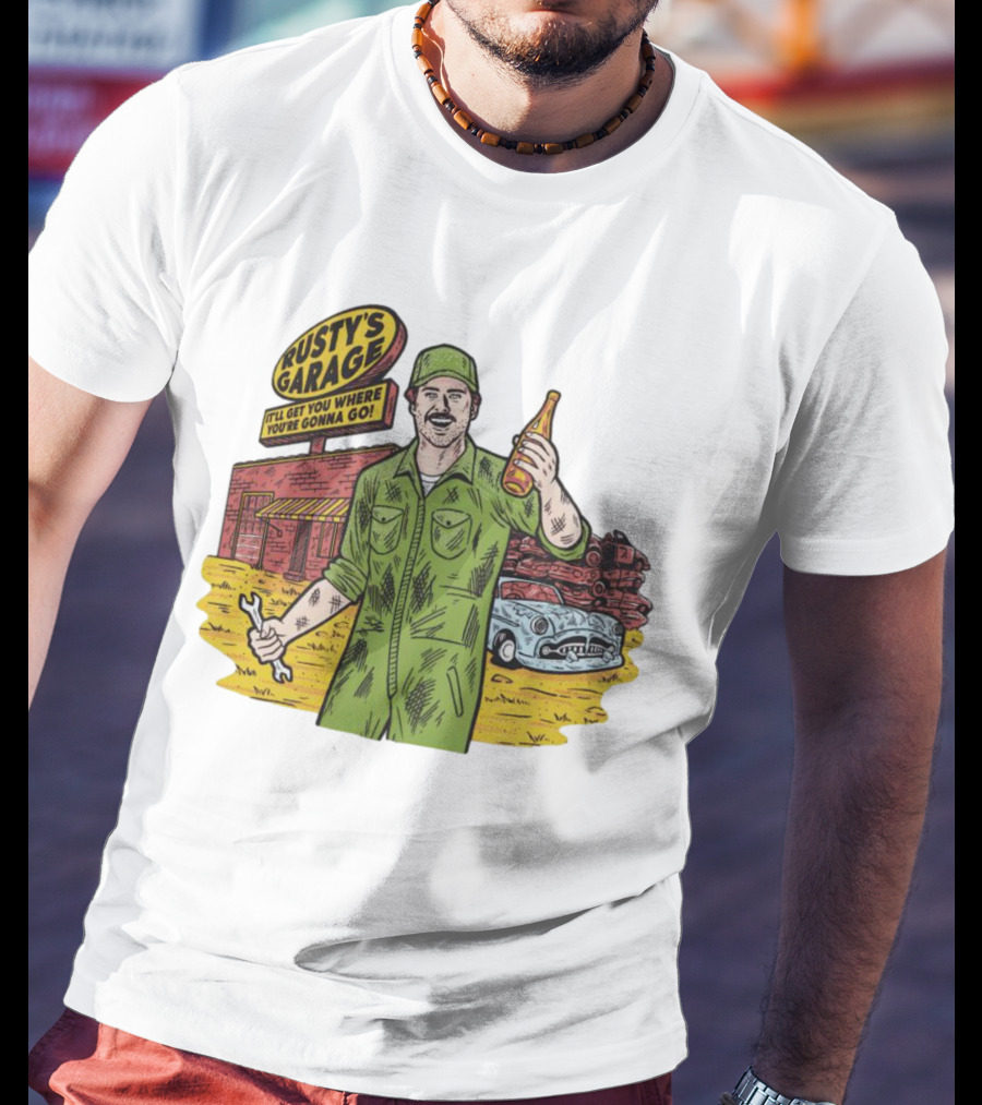Rusty’s Garage It’ll Get You Where You’re Gonna Go Retro Mechanic Holding Wrench And Drink With Vintage Car And Workshop Scene T-Shirt