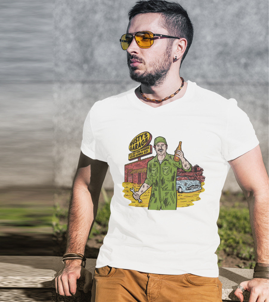 Rusty’s Garage It’ll Get You Where You’re Gonna Go Retro Mechanic Holding Wrench And Drink With Vintage Car And Workshop Scene T-Shirt
