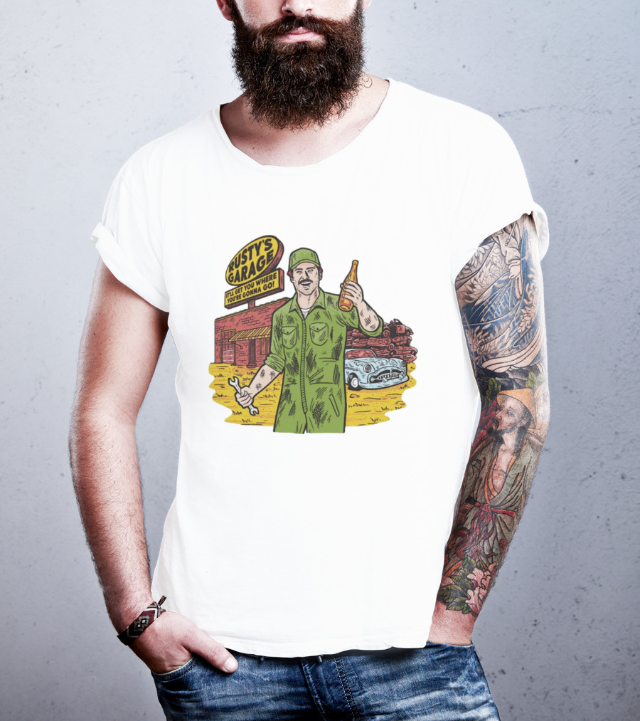 Rusty’s Garage It’ll Get You Where You’re Gonna Go Retro Mechanic Holding Wrench And Drink With Vintage Car And Workshop Scene T-Shirt