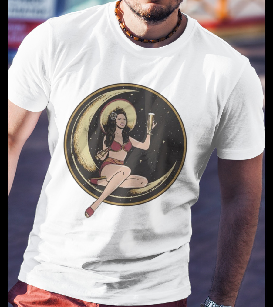 Moon Lady With Beer In Red Bikini Sitting On Crescent T-Shirt