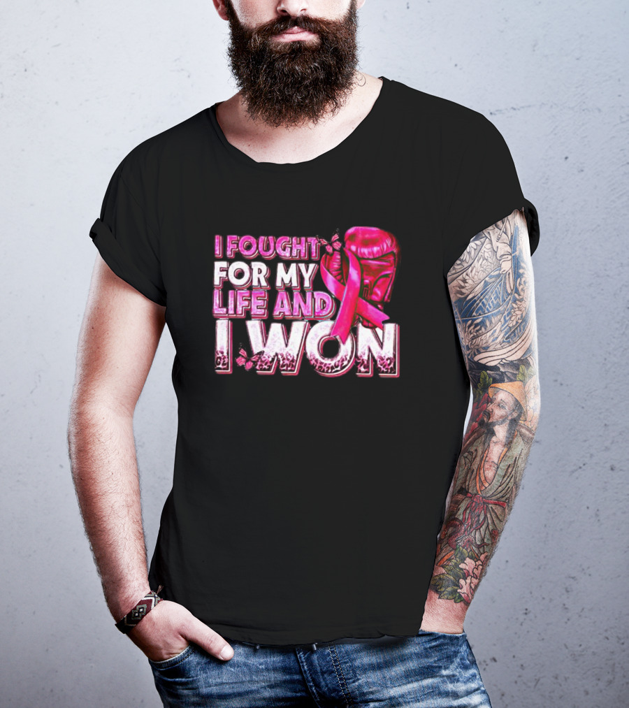 I Fought For My Life And I Won Pink Ribbon Boxing Glove Butterfly T-Shirt