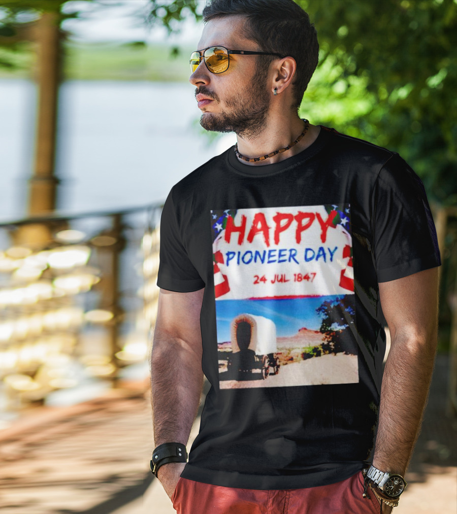 Happy Pioneer Day 24 Jul 1847 Covered Wagon Desert Scene T-Shirt