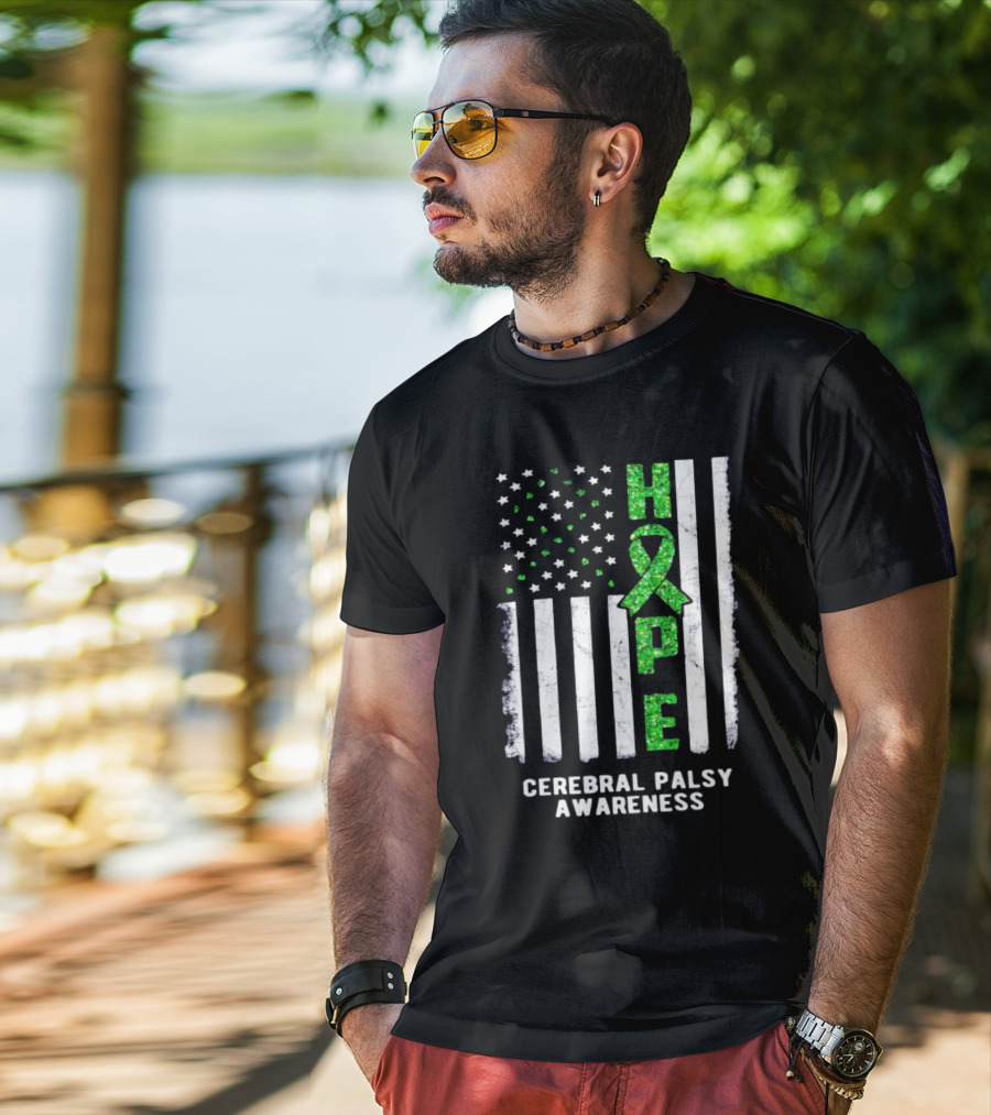 Hope American Flag Green Ribbon Cerebral Palsy Awareness T-Shirt