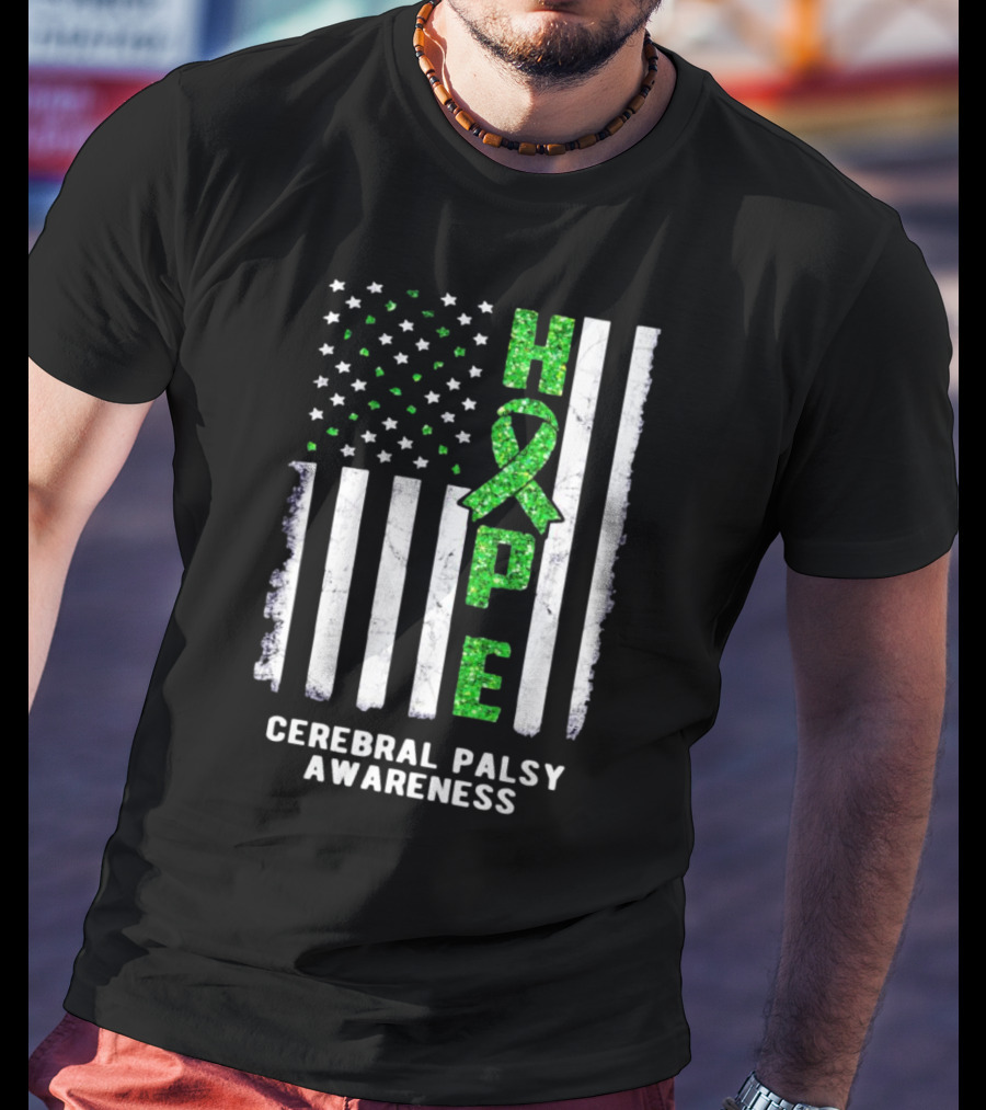 Hope American Flag Green Ribbon Cerebral Palsy Awareness T-Shirt