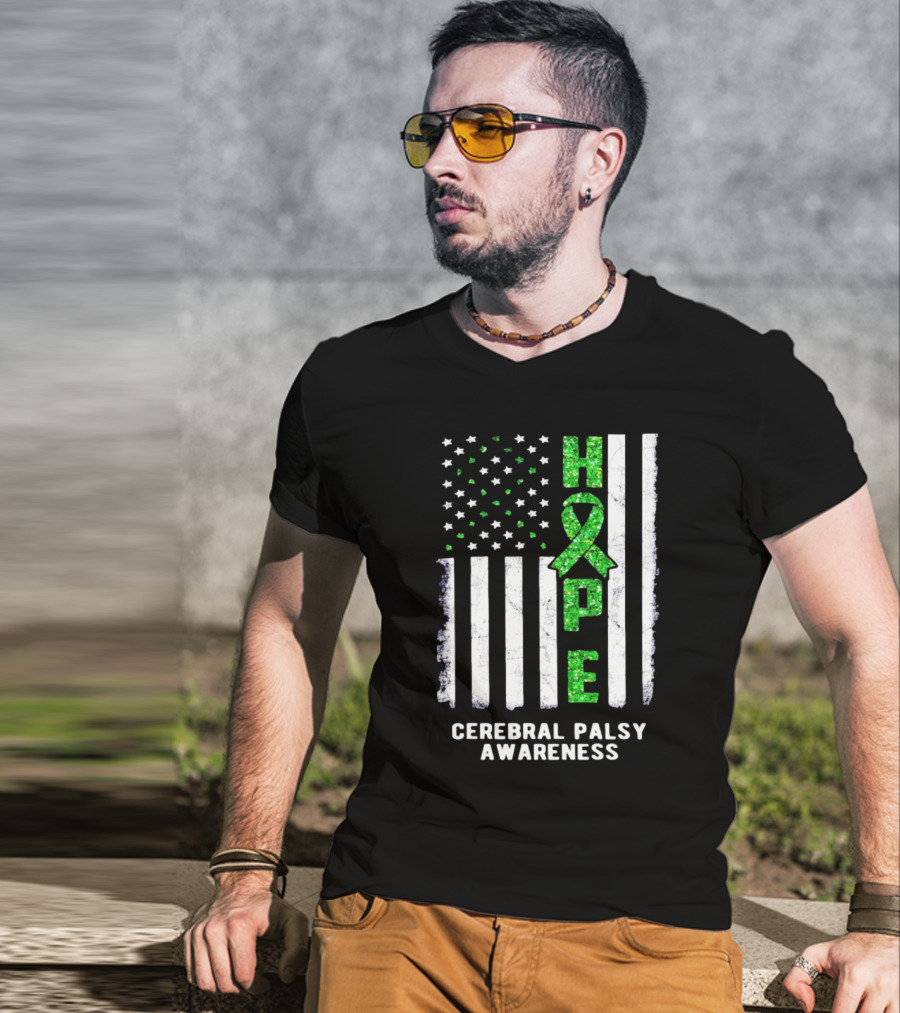 Hope American Flag Green Ribbon Cerebral Palsy Awareness T-Shirt