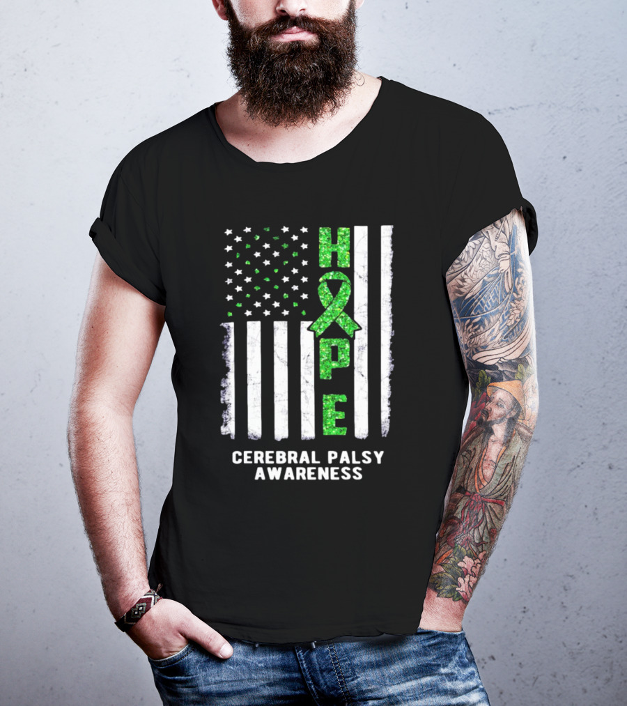 Hope American Flag Green Ribbon Cerebral Palsy Awareness T-Shirt