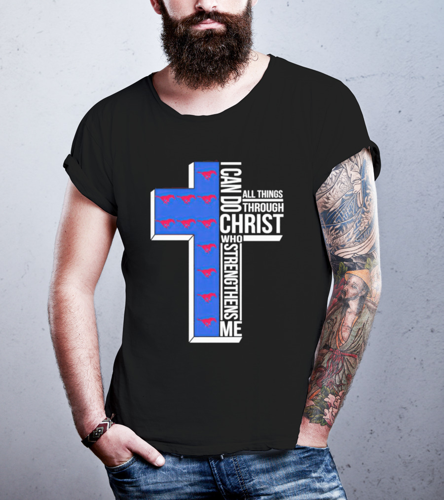 SMU Mustangs I Can Do All Things Through Christ Who Strengthens Me Cross T-Shirt
