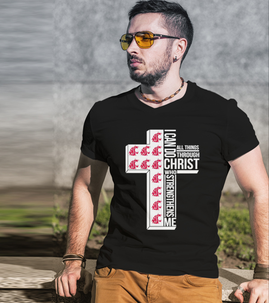 Washington State Cougars Logo I Can Do All Things Through Christ Cross T-Shirt