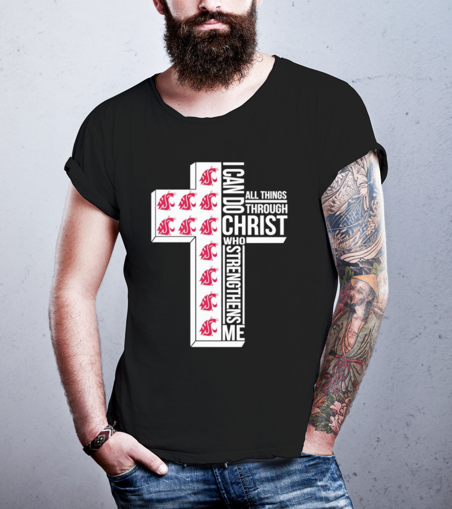 Washington State Cougars Logo I Can Do All Things Through Christ Cross T-Shirt