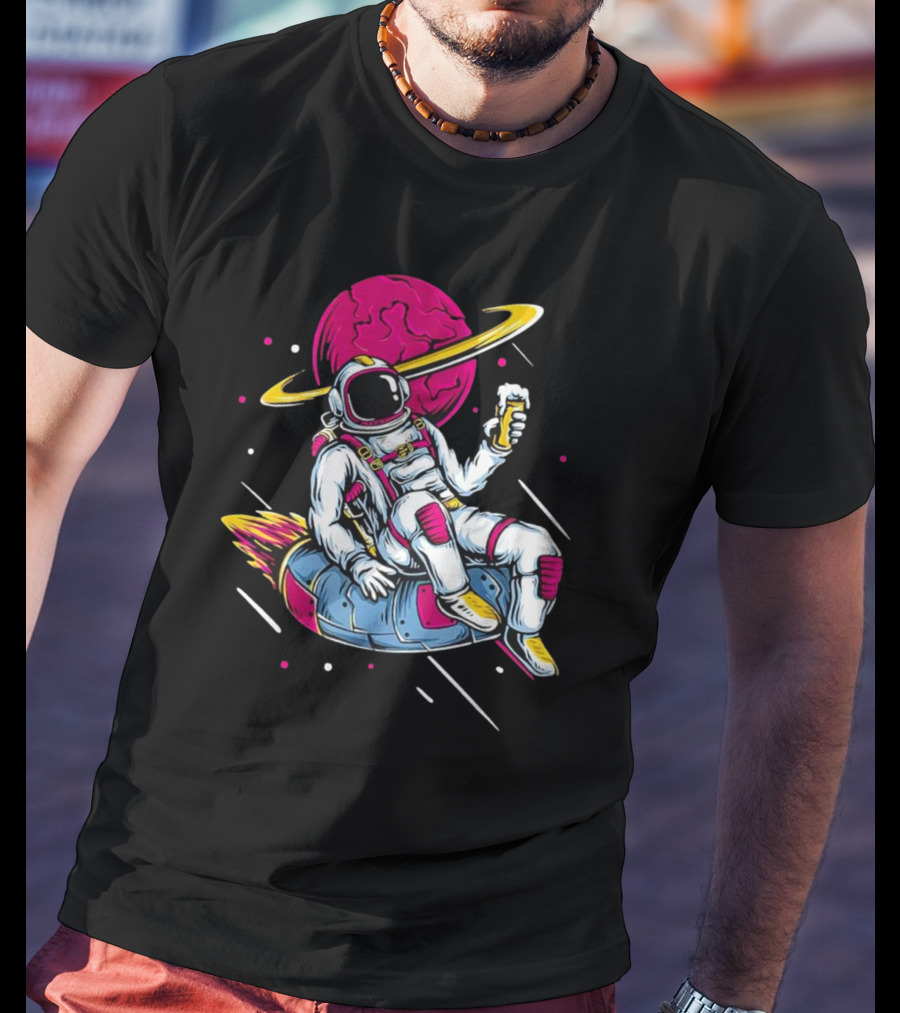 Astronaut Drinking Beer In Space Suit With Planet Background T-Shirt