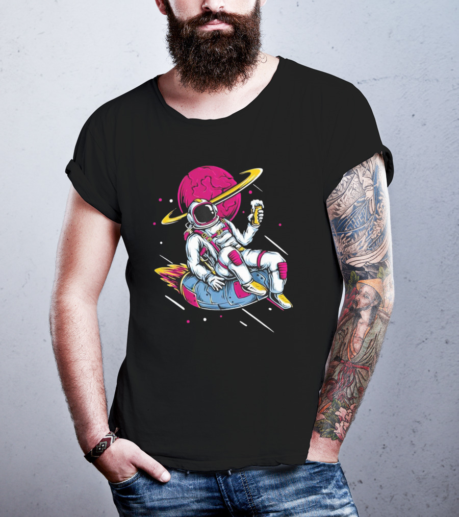 Astronaut Drinking Beer In Space Suit With Planet Background T-Shirt