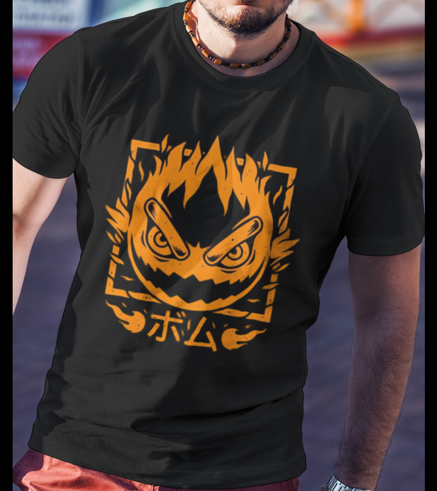 Firebomb Game Flaming Face And Japanese Text T-Shirt