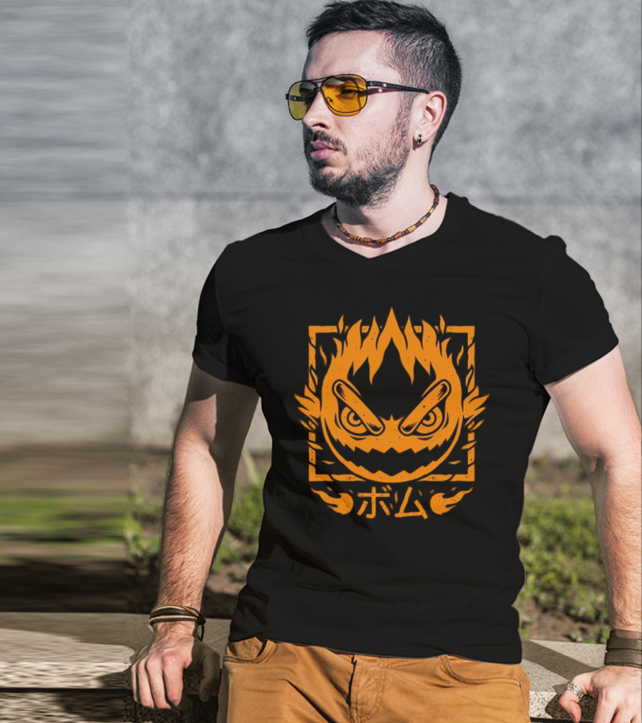 Firebomb Game Flaming Face And Japanese Text T-Shirt