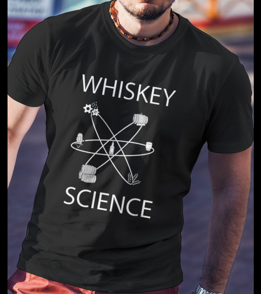 WHISKEY SCIENCE Molecular Diagram With Barrels And Distillation Elements T-Shirt