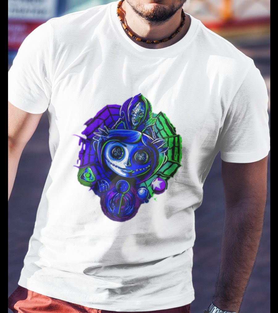 Coraline I'm Trapped Horror Neon Web And Buttons T-Shirt