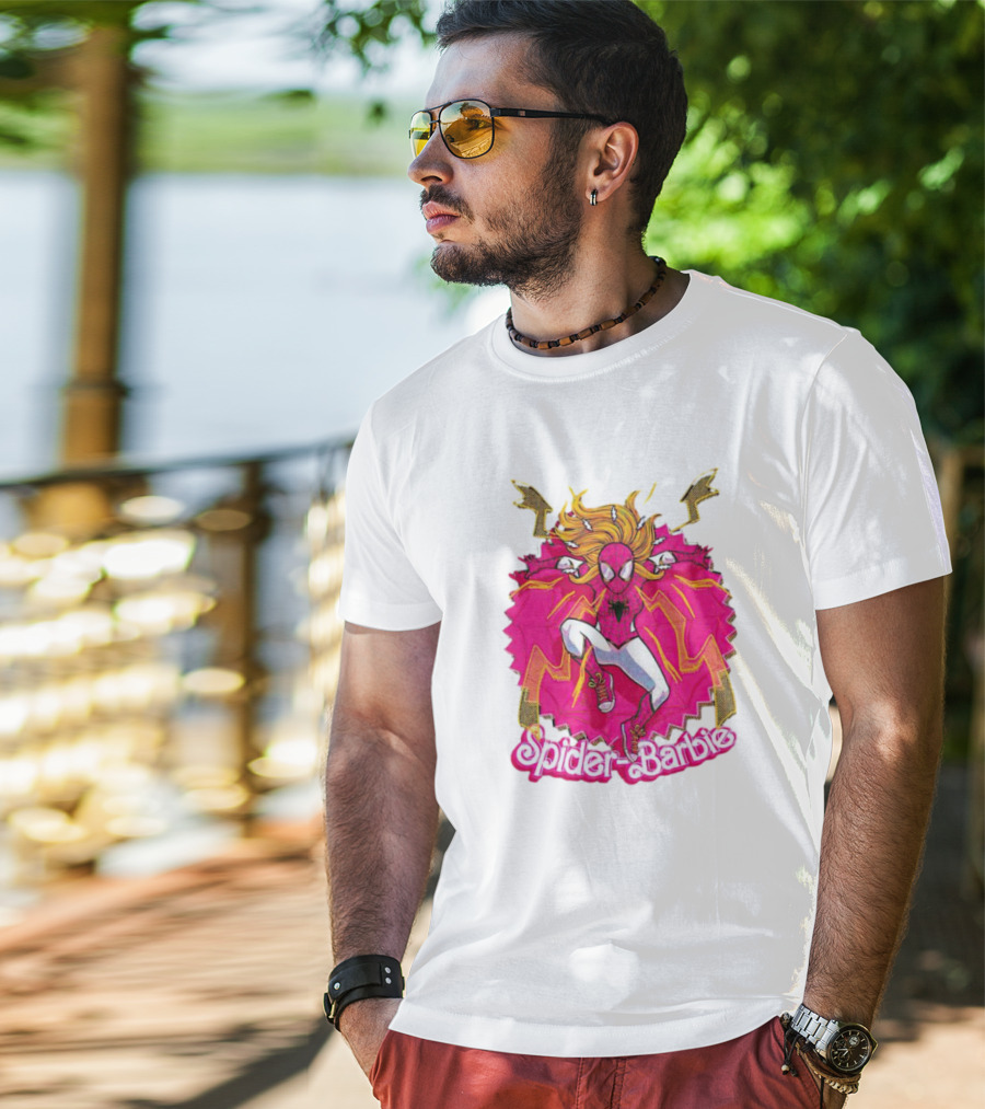 Spider-Barbie Across The Barbie-Verse With Pink Spider Suit And Dynamic Web Background T-Shirt
