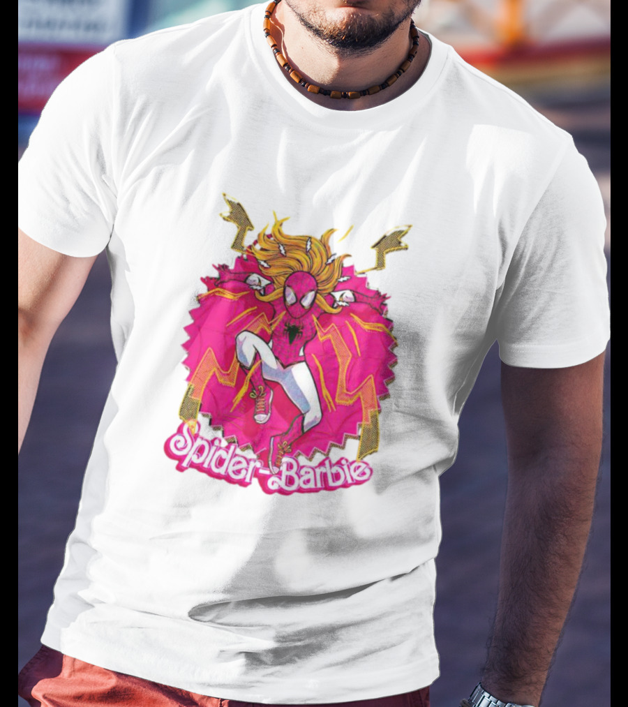 Spider-Barbie Across The Barbie-Verse With Pink Spider Suit And Dynamic Web Background T-Shirt