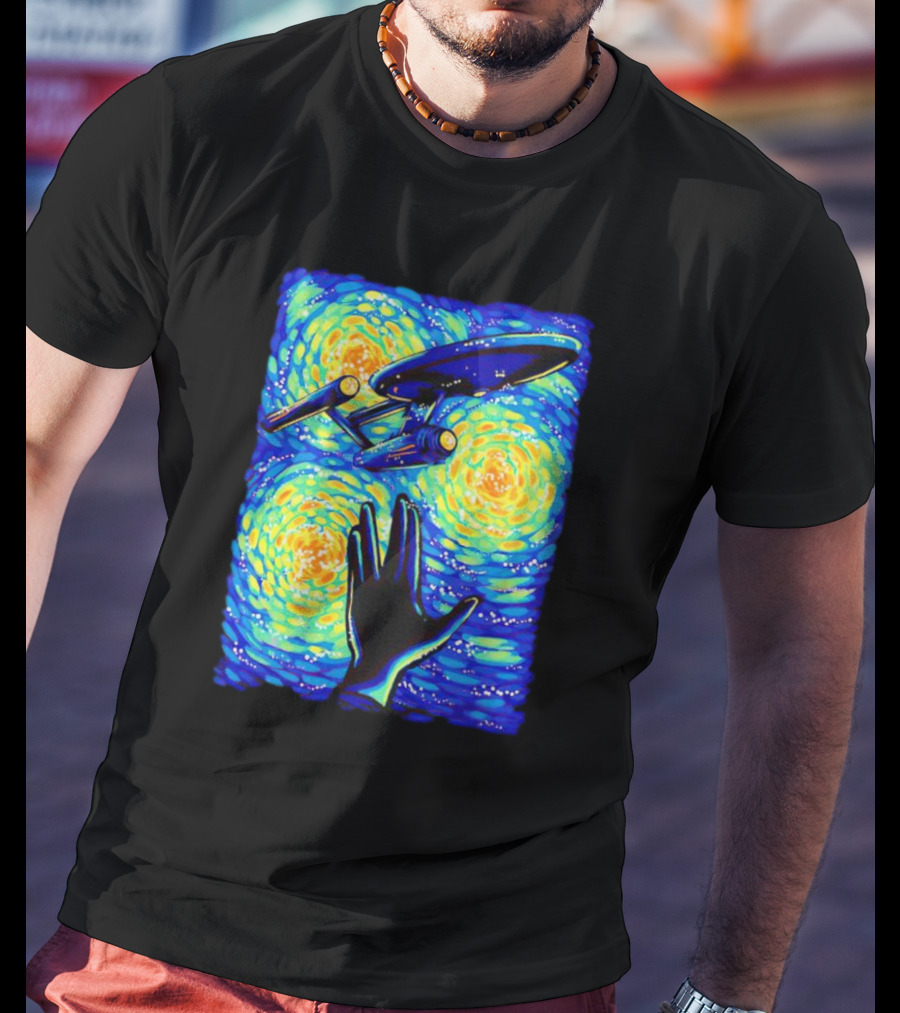 Star Trek Enterprise In Starry Night With Vulcan Salute Starry Trek T-Shirt